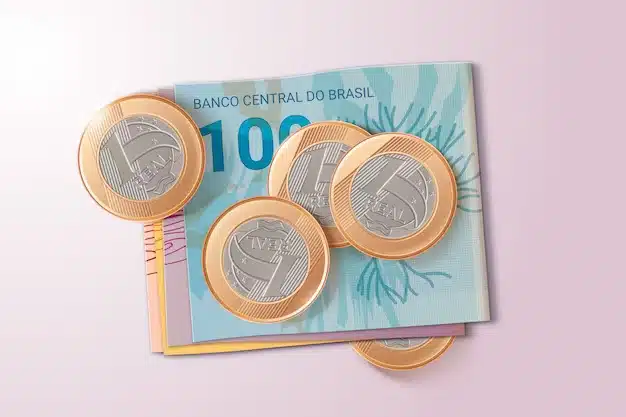 Notas e moedas de Real, representando o pagamento de impostos.
